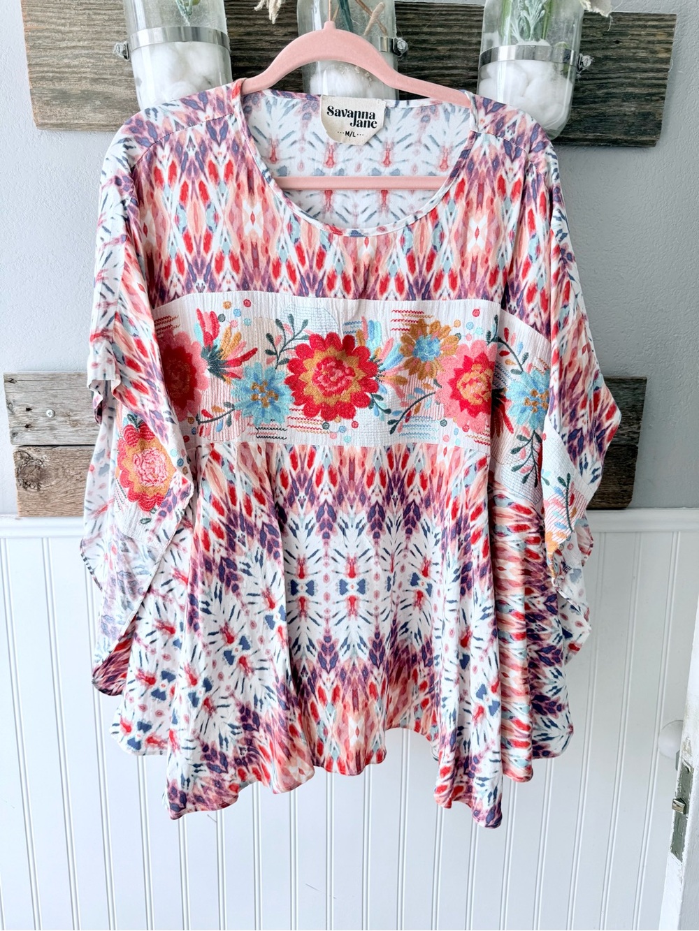 Savanna Jane White Multicolor Floral Ikat Tunic Top